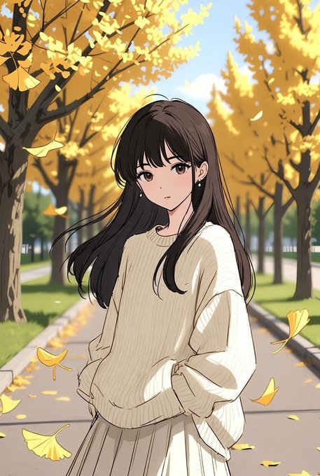 An anime-style illustration of a young woman with long dark hair wearing a cream-colored sweater and skirt, standing on a path lined with trees dropping yellow ginkgo leaves.