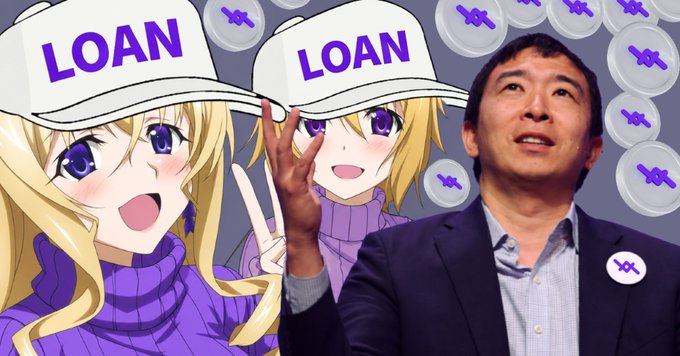 A collage showing Japanese entrepreneur Yusaku Maezawa on the right, alongside two anime girls wearing white caps with purple 'LOAN' text, surrounded by purple airplane symbols on a gray background.