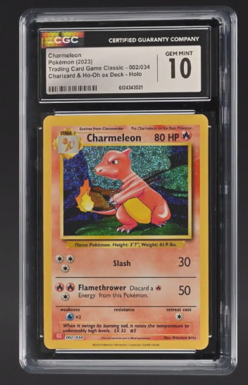 A graded CGC 10 GEM MINT 2023 Pokémon Trading Card Game Classic Charmeleon card (#002/034) from the Charizard & Ho-Oh ex Deck, encased in a protective slab.