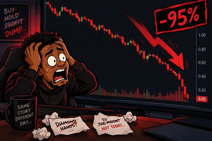 A cartoon illustration depicts a distressed trader with hands on his head in front of a crashing candlestick chart showing a -95% loss, with text reading "BUY HOLD PROFIT DUMP..." and crumpled notes saying "DIAMOND HANDS!" and "TO THE MOON? NOT TODAY..." alongside a "SAME STORY DIFFERENT DAY..." mug.