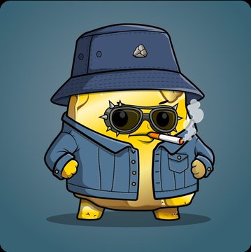 The image shows a cartoon yellow potato character wearing a black bucket hat, sunglasses, a denim jacket, and smoking a cigarette, embodying a cool NPC aesthetic. The caption ties to the post by visualizing the "NPC on top" vibe, with the "Z" in "zer0" cleverly resembling the character's sunglasses, reinforcing the meme's theme of relaxed holders receiving a free mint from @rockbottomnfts.