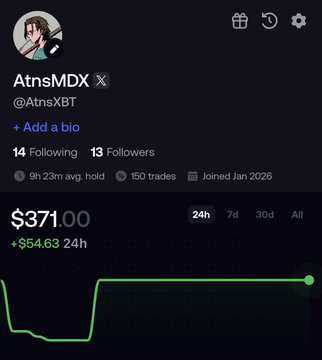 The image shows a profile screenshot of X user "AtnsMDX" (@AtnsXBT) displaying a trading portfolio valued at $371.00, up $54.63 in 24 hours, with a 9h 23m average hold time and 150 trades since joining in January 2026. The portfolio's recent green performance curve suggests modest gains, visually reflecting the user's post about slow but ongoing progress in their $300 to $3,000 challenge despite early fumbles on trades like $pons.