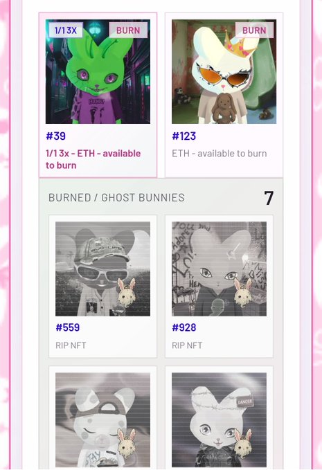 NFT marketplace interface showing "Ghost Bunnies" available to burn (#39 and #123) alongside burned/ripped NFTs (#559 and #928).