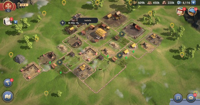 A screenshot from a mobile city-building strategy game shows a village layout with buildings, farmland, and resource counters including 609k, 450k, 220k, and 6,116.
