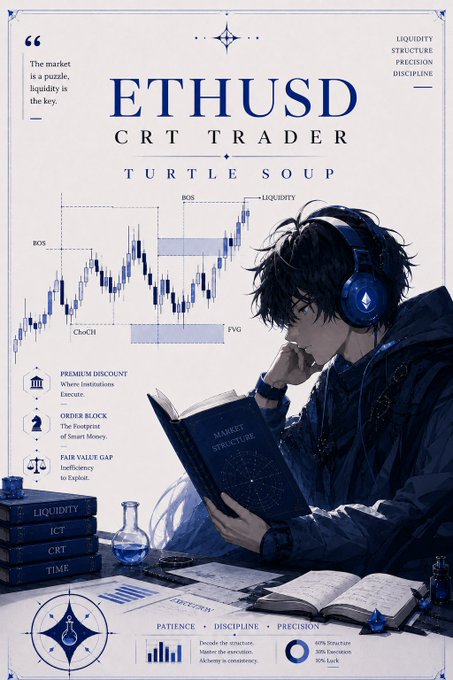 A stylized trading graphic titled "ETHUSD CRT TRADER - Turtle Soup" features an anime-style trader with headphones reading a book labeled "Market Structure," surrounded by candlestick charts annotated with concepts like BOS, ChoCh, FVG, and Liquidity, alongside CRT/ICT terminology (Premium Discount, Order Block, Fair Value Gap), directly visualizing smart money concepts applied to the $ETHUSD pair.