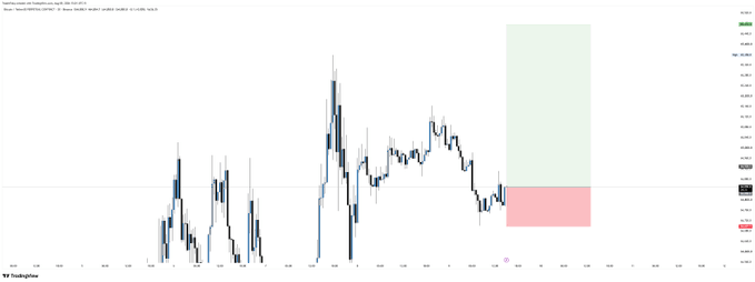 A TradingView chart titled "Bitcoin / U.S. Dollar Index (BTGUSD)" on the COINBASE market, showing a series of blue and black candlesticks reflecting recent price volatility, with a green long-position projection box and a red risk zone marked on the right side—visually supporting the "$BTC Longed" sentiment.