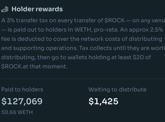 A screenshot titled 'Holder rewards' explaining a 3% transfer tax on $ROCK tokens, showing $127,069 (50.66 WETH) paid to holders and $1,425 waiting to distribute.