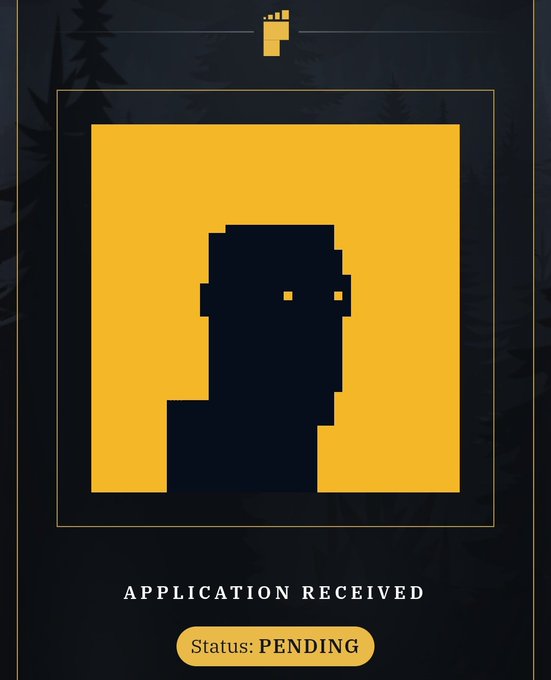 A dark-themed application status screen with yellow accents shows a pixelated silhouette avatar and the text "APPLICATION RECEIVED" with a "Status: PENDING" button.