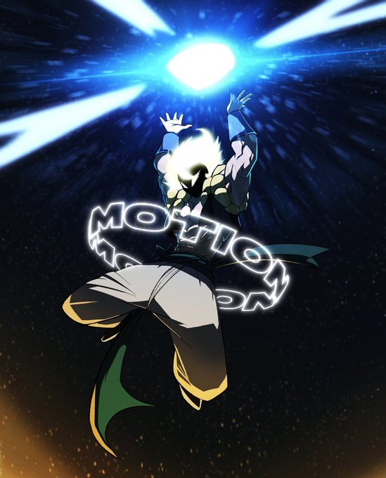 An anime-style character leaps upward with arms raised toward a brilliant burst of blue light, with glowing stylized text reading "MOHITO" displayed across the center.