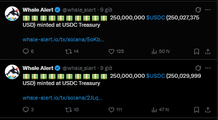 Twitter/X posts from @whale_alert reporting that 250,000,000 USDC (worth $250,027,375 and $250,029,999 USD) was minted at the USDC Treasury.