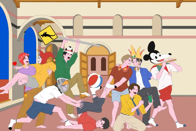 A cartoon illustration depicting a chaotic scene with various characters including Mickey Mouse fighting in what appears to be ancient Roman architecture.