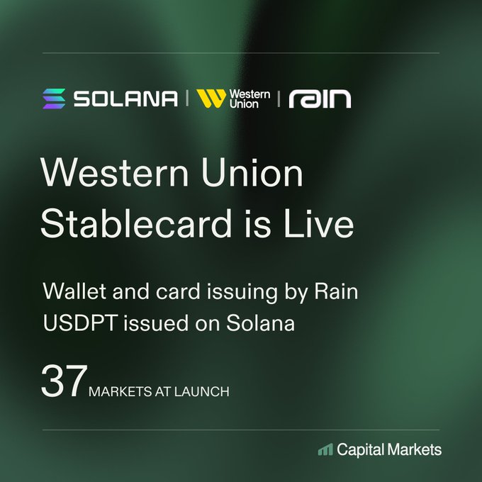 A green promotional graphic announcing 'Western Union Stablecard is Live' with logos for Solana, Western Union, and Rain, noting 37 markets at launch.