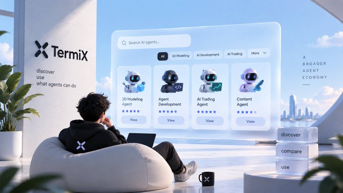 A promotional image for 'Termix' showing a person using a laptop while a large transparent screen displays AI agent categories: '3D Modeling Agent', 'Agent Development', 'AI Trading Agent', and 'Content Agent', with side text reading 'discover use what agents can do' and 'A BROADER AGENT ECONOMY'.