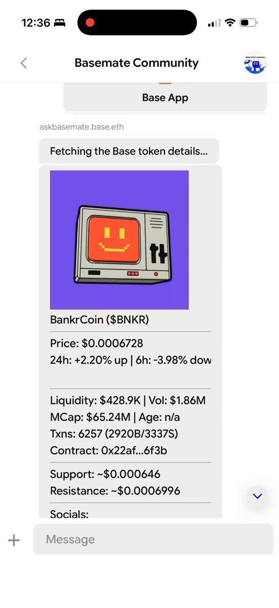 The image shows a cell phone screen displaying a message from a Base app chat conversation with a user named @basemateagent. The chat contains information about a new feature called "Baseapp base.app/chat" that allows users to interact with the app through messages, and it also mentions a new feature called "Bankrbot". The image is accompanied by a caption that reads: "Crazy things are going down on Base app chats w/ @basemateagent & @bankrbot More deetz on this new feature coming soon. If you want to be early get on @baseapp base.app/chat/6a1a9c2ac ...".