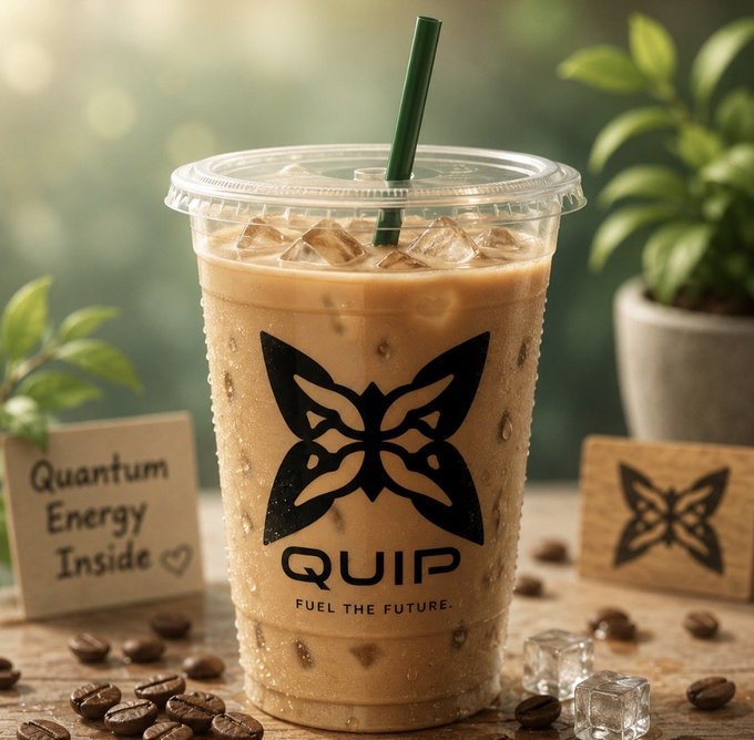 An iced coffee in a clear plastic cup with a green straw features the 'QUIP' logo and the tagline 'FUEL THE FUTURE.', sitting next to a handwritten note that says 'Quantum Energy Inside'.