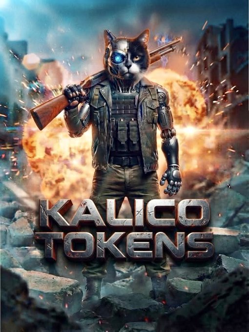A promotional graphic for 'KALICO TOKENS' featuring a robotic cat character with glowing blue eyes holding a rifle, standing amid explosions and rubble in a war-torn setting.
