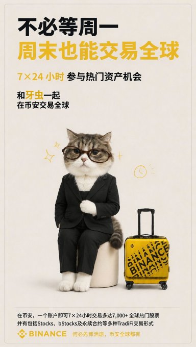 A Binance promotional ad in Chinese featuring a cat in glasses wearing a black suit with a yellow suitcase labeled 'BINANCE', promoting 24/7 global trading including TradFi tokenized assets like stocks and bStocks.
