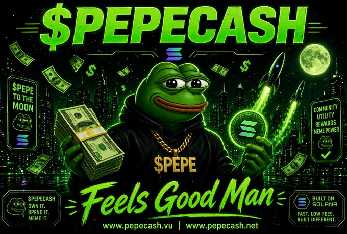 A promotional graphic for the cryptocurrency "$PEPECASH" featuring a Pepe the Frog character holding stacks of cash and a Solana logo, with text "$PEPECASH Feels Good Man," "$PEPE TO THE MOON," "OWN IT. SPEND IT. MEME IT." and the websites www.pepecash.vu and www.pepecash.net.