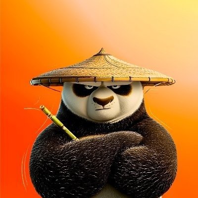 A stylized panda wearing a traditional conical straw hat holds a bamboo staff with arms crossed against a warm orange gradient background, projecting a confident, kung fu-inspired stance. The image complements the vouch by portraying a strong, skilled guardian figure—mirroring the post's endorsement of someone as a capable Graphic Designer, Web3 Builder, and Researcher.