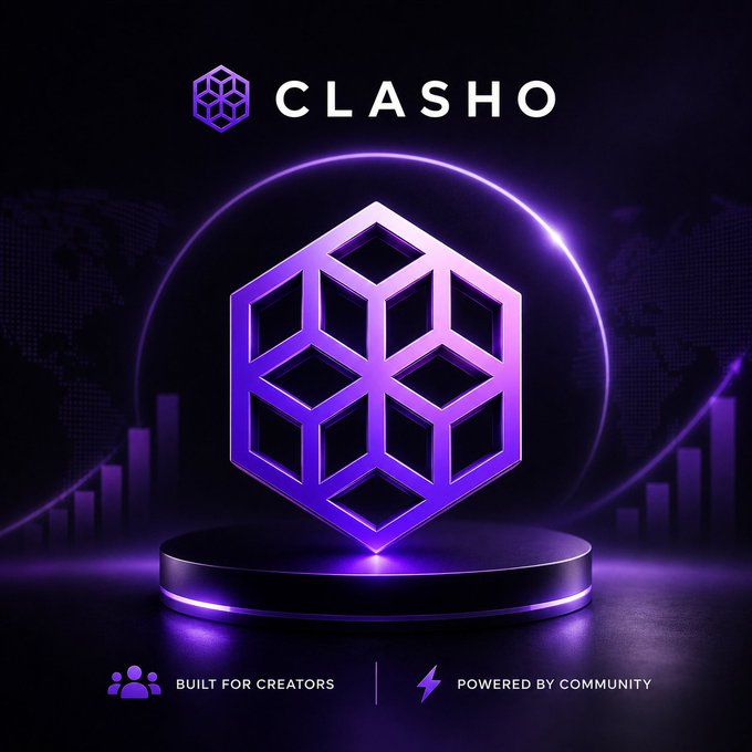 A purple-toned promotional image for 'CLASHO' featuring a 3D geometric cube logo on a podium, with the taglines 'BUILT FOR CREATORS' and 'POWERED BY COMMUNITY.'