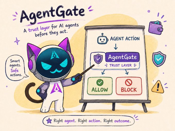 A promotional illustration for 'AgentGate' featuring a cat mascot in a space helmet pointing to a whiteboard explaining a 'TRUST LAYER' for AI agent actions that either 'ALLOW' or 'BLOCK' them, with text 'A trust layer for AI agents before they act' and 'Right agent. Right action. Right outcome.'