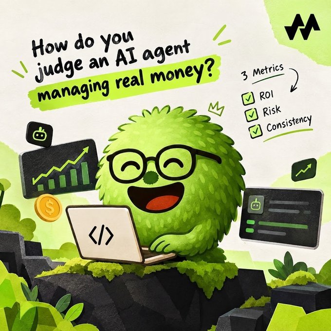 A cartoon illustration of a green fuzzy character wearing glasses and typing on a laptop, with the text 'How do you judge an AI agent managing real money?' and a checklist showing '3 Metrics: ROI, Risk, Consistency'.