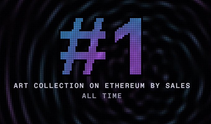 Pixelated '#1' logo with text reading 'ART COLLECTION ON ETHEREUM BY SALES ALL TIME' against a dark wavy background.