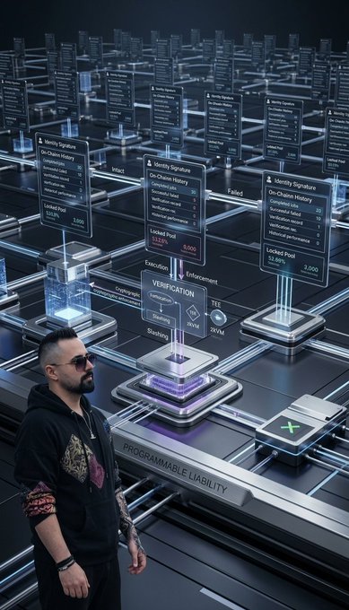 A man wearing sunglasses stands in a futuristic digital environment with floating holographic panels displaying data, identity signatures, and verification processes, with the text 'PROGRAMMABLE LIABILITY' visible on a console.