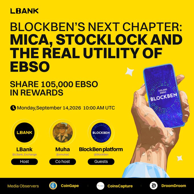A promotional graphic with a yellow background announces the LBank-hosted Twitter Space titled "BlockBen's Next Chapter: MiCA, StockLock and the Real Utility of EBSO," scheduled for Monday, September 14, 2026 at 10:00 AM UTC, featuring 105,000 $EBSO in rewards. It highlights LBank (@LBank_Exchange) as Host, Muha (@xmuha0) as Co-host, and the BlockBen platform (@BlockBen) as Guest, with media observers CoinGape, CoinsCapture, and DroomDroom listed at the bottom, alongside a hand holding a phone displaying "105,000 EBSO BLOCKBEN."