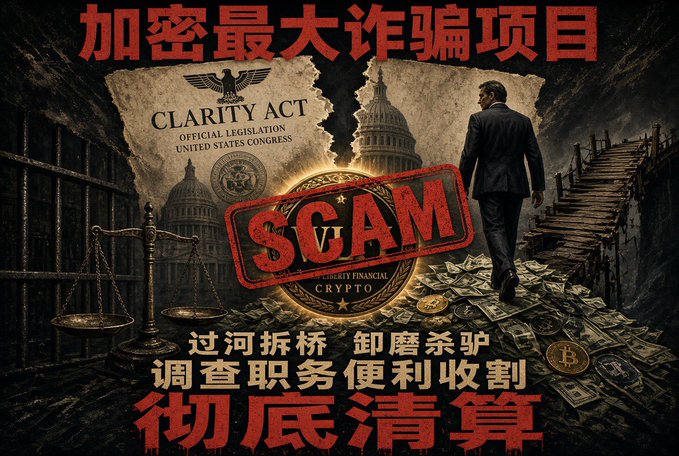 A graphic warning about a cryptocurrency scam, featuring 'CLARITY ACT' legislation, a SCAM stamp, Chinese text, and imagery of a man walking past a courtroom, scales of justice, and stacks of money.