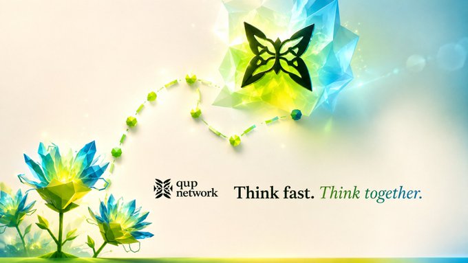 The image features a poster with a butterfly design surrounded by flowers. The text "Think fast. Think together." is written below the butterfly and flower designs. This message encourages people to think quickly and work together towards their goals, possibly related to the emerging field of quantum computing or other technological advancements.