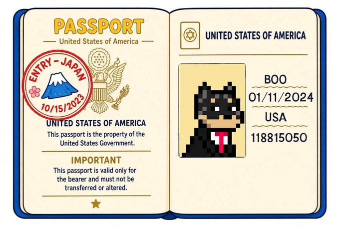 A digital illustration of an open United States passport for 'BOO' dated 01/11/2024, featuring a pixel-art black bear avatar in a suit with a red 'T' tie, and a Japan entry stamp dated 10/15/2023.