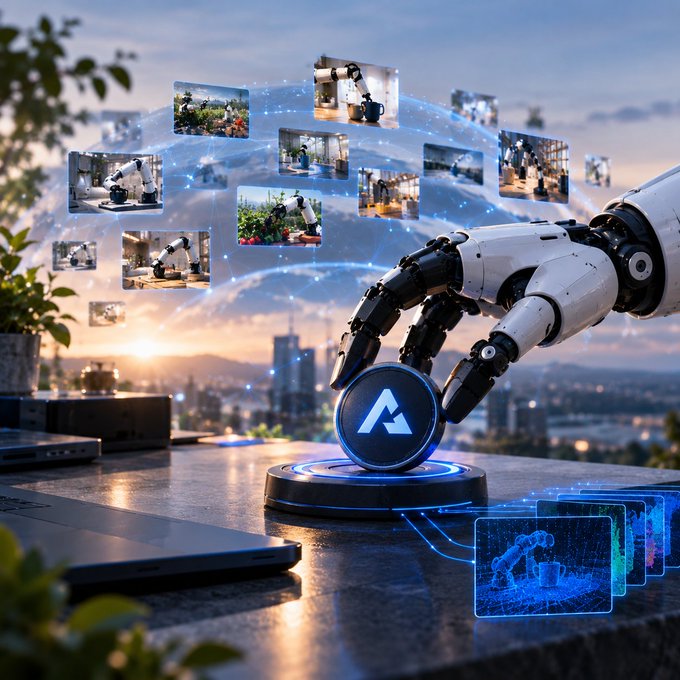A futuristic scene shows a robotic hand touching a glowing AI logo on a pedestal, with floating image screens and holographic displays set against a city skyline at sunset.