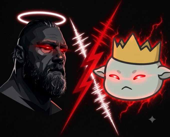 A dark digital artwork split by a lightning bolt, showing a bearded man with glowing red eyes and a halo on the left, facing an angry cartoon king character with glowing red eyes on the right.