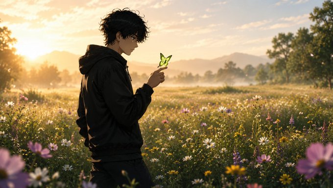 An anime-style illustration shows a young man with dark curly hair in a black hoodie standing in a wildflower meadow at sunset, gently holding a green butterfly on his finger.