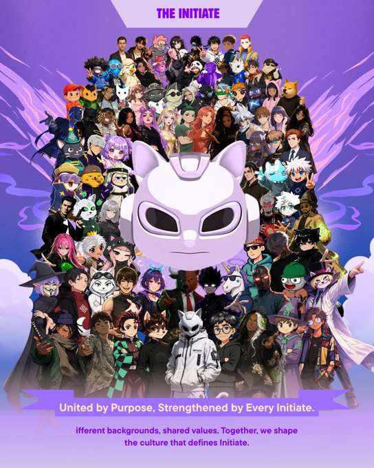 A poster titled 'THE INITIATE' featuring a large group of diverse cartoon/avatar characters gathered behind a white cat-shaped logo, with the tagline 'United by Purpose, Strengthened by Every Initiate.'