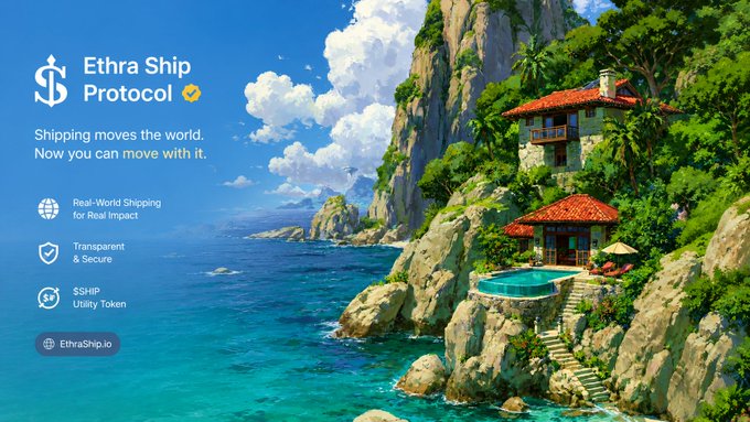 A promotional banner for 'Ethra Ship Protocol' featuring the tagline 'Shipping moves the world. Now you can move with it,' set against a tropical coastal scene with a cliffside villa, accompanied by feature icons and 'EthraShip.io'.