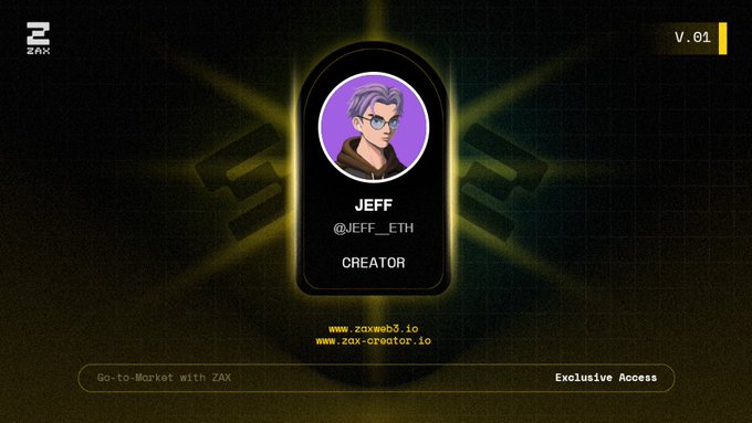 The image features a profile picture of a man with glasses wearing a brown jacket, who appears to be an artist or creator. The background of the image is black, which contrasts with the yellow center where the name "Jeff" is displayed. The text "gmgm Just secured my Creator Badge on @ZaxWeb3 Excited to build,create and contribute in an ecosystem where community and participation matter." This message seems to be related to Jeff's work or achievements as a creator.