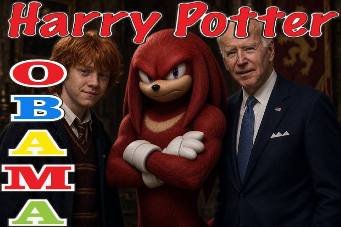 The image shows a composite picture featuring Rupert Grint as Ron Weasley from Harry Potter, Knuckles the Echidna from Sonic the Hedgehog, and Joe Biden, with bold text reading "Harry Potter OBAMA" down the left side—imagining the absurd "HarryPotterObamaSonic10inu" mashup character as the main star rather than a side character.