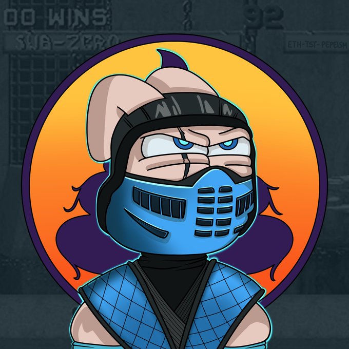 A cartoon-style illustration of a ninja character wearing a blue face mask and headband, set against an orange circular background with 'SUB-ZERO' text visible.