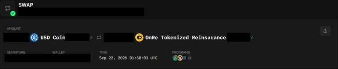 A crypto swap interface showing a transaction swapping USDCoin (USDC) for OnRe Tokenized Reinsurance, timestamped Sep 21, 2025 01:58:02 UTC.