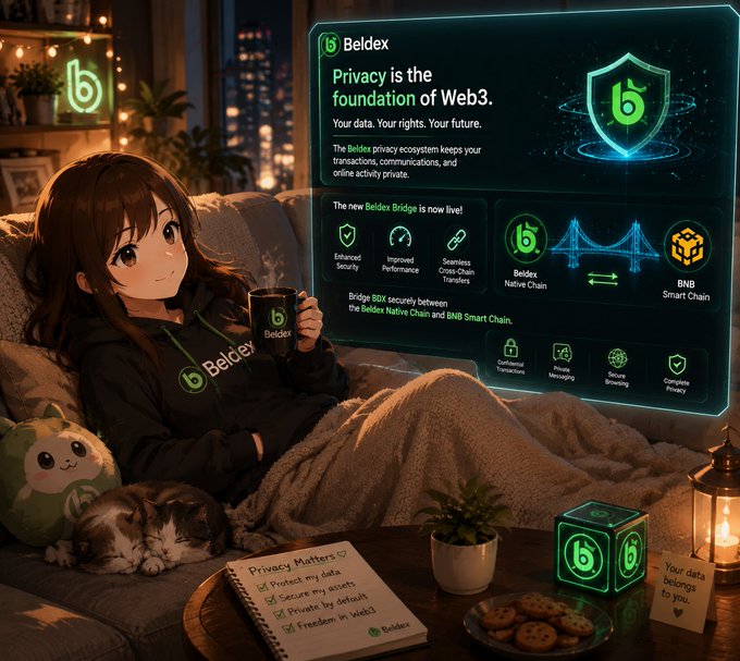 A promotional image for Beldex, a privacy-focused Web3 cryptocurrency, featuring an anime-style character wearing Beldex merchandise, with text highlighting 'Privacy is the foundation of Web3' and features of the Beldex Bridge.