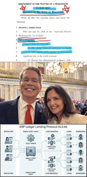 A collage showing an "Assignment in the Nature of a Scientifico" document at the top, a photo of two people smiling in an ornate government building in the middle, and an "XRP Ledger Lending Protocol XLS-66" diagram at the bottom.