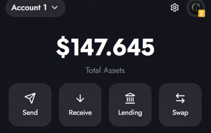 A crypto wallet interface displays "Account 1" with total assets of $147.645, featuring Send, Receive, Lending, and Swap options, illustrating the Near.com wallet connection step described in the post about setting up a ZEC account through EVM wallets like Zerion or OKX.