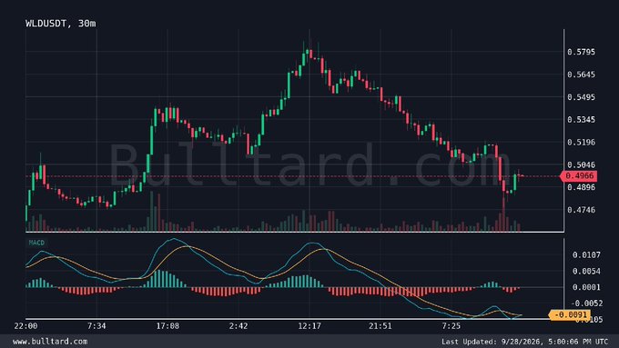 A candlestick trading chart for 'WLDUSDT, 30m' on Bulltrard.com, showing MACD indicator, with the price around 0.4906 and last updated on 9/28/2026.