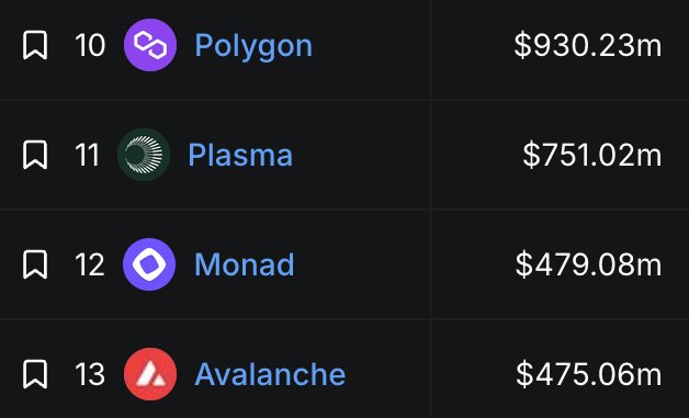 Dark-themed crypto ranking list showing ranked projects: 10. Polygon ($930.23m), 11. Plasma ($751.02m), 12. Monad ($479.08m), and 13. Avalanche ($475.06m).