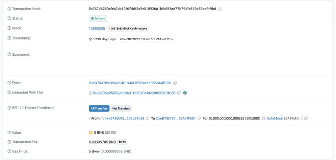 The image displays a BEP-20 token transfer confirmation showing a transfer of 20,000,000,000,000 (20 trillion) SafeMoon (SAFEMOON) tokens worth $61,000,000 from address 0xa873695... to 0xe8783789..., providing blockchain evidence of the $61 million recovery story described.