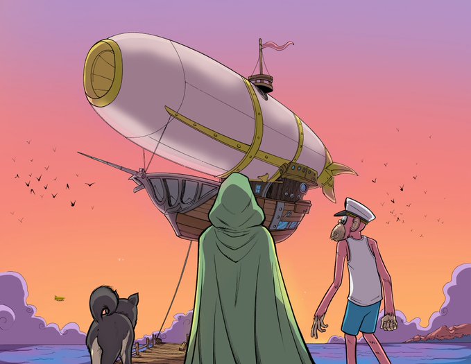 A cartoon-style illustration showing a hooded figure in green, a dog, and a person in a sailor outfit standing on a dock, looking at a large white airship with a wooden hull docked at sunset.