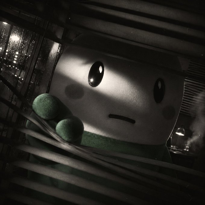 A melancholic green-and-white mascot peeks through window blinds, illuminated by a single shaft of light, with a rainy cityscape and steam in the background—reflecting the lonely, sidelined perspective of the original character being left out while others trade on the platform.