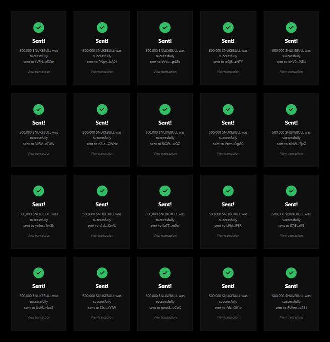 Grid of confirmation screens showing multiple successful transfers of 500,000 $NUKEBULL tokens sent to various wallet addresses on a dark-themed interface.